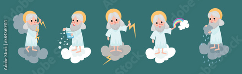 God Character Sitting on Cloud Doing Different Activity Vector Set