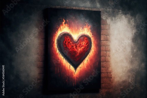 3d rendering of red lighten heart shape in fire against grunge wall background. Generative AI