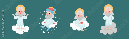 God Character Sitting on Cloud Doing Different Activity Vector Set