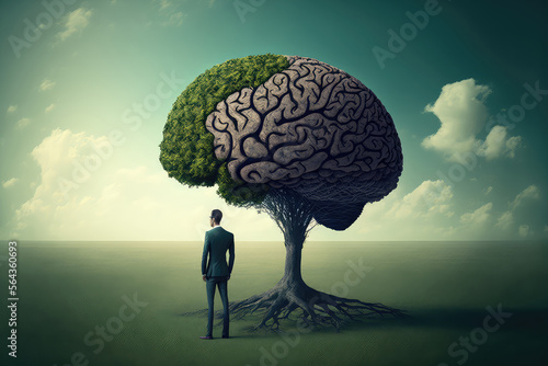 businessman near a human brain tree on head of businessman on a meadow background. (ai generated) photo