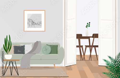Stylish scandinavian living room with design mint sofa, furnitures, plants and elegant personal accessories.