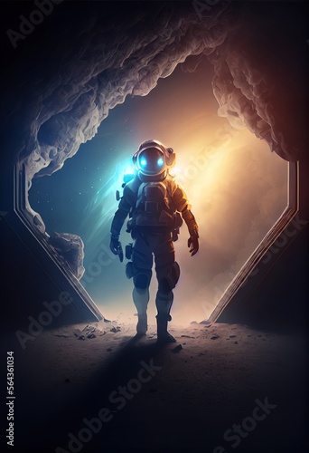 Astronaut in epic cinematic pose in unknown futuristic location. Not an actual real person. Digitally generated AI image.
