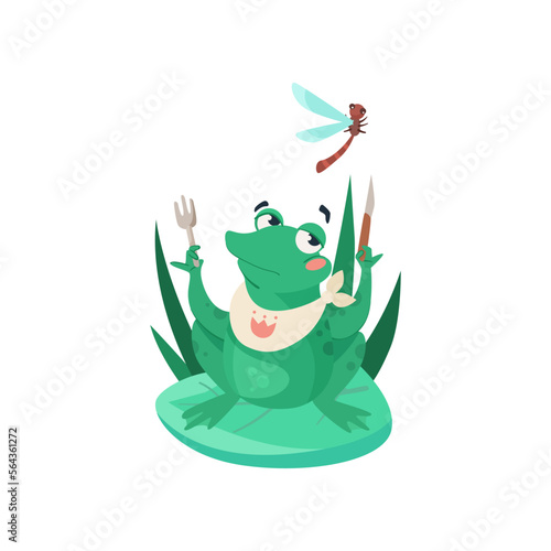 Comic frog wanting to eat dragonfly vector illustration. Funny aquatic animal cartoon character sitting on lily leaf in swamp isolated on white background. Nature, wildlife concept