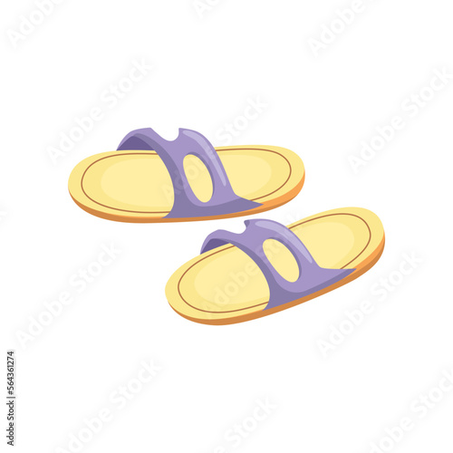 Pair of rubber beach sandals for vacation or holiday on white background. Colorful summer sandals cartoon illustration. Footwear, fashion, recreation, shoes concept