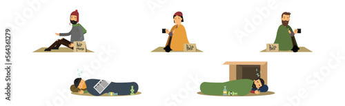 Homeless People Characters in Rags Begging for Help Vector Set