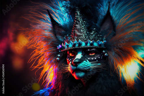cat wearing a unique and creative fashion accessory featuring a peacock feather headdress and mask, ai generated
