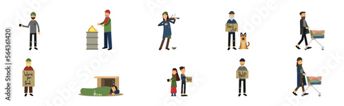 Homeless People Characters in Rags Begging for Help Vector Set