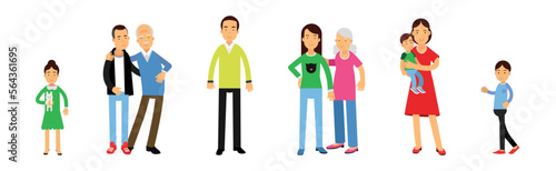 Standing People Parent and Kids Smiling Vector Set