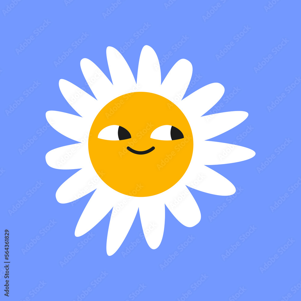Happy white chamomile character looking away and smiling on blue background. Daisy with cute face cartoon illustration. Flowers, greeting concept