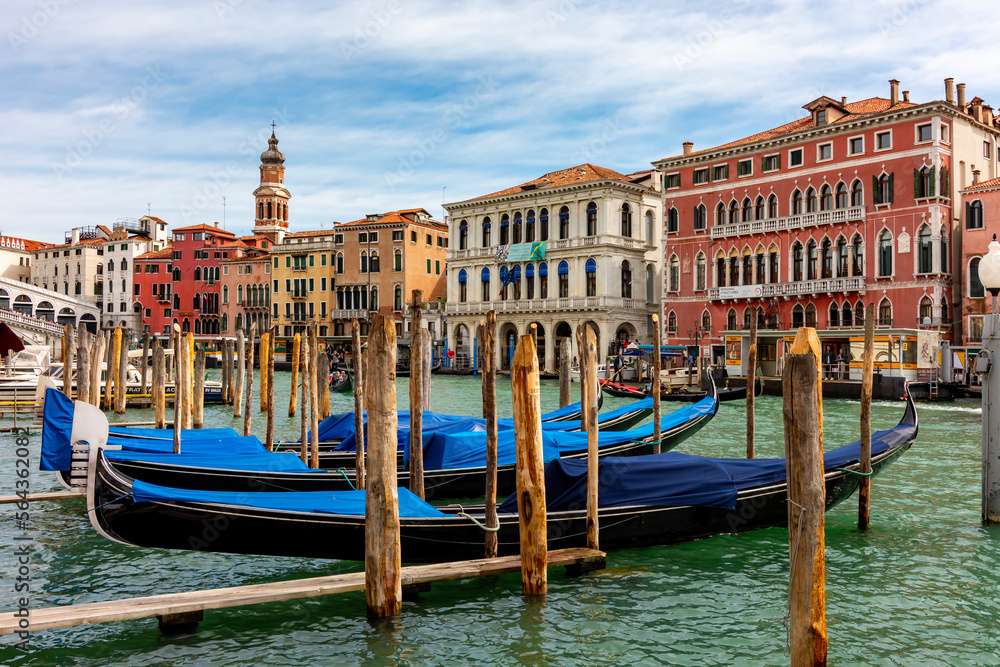 Gondolas on Grand canal and medieval architecture in Venice, Italy