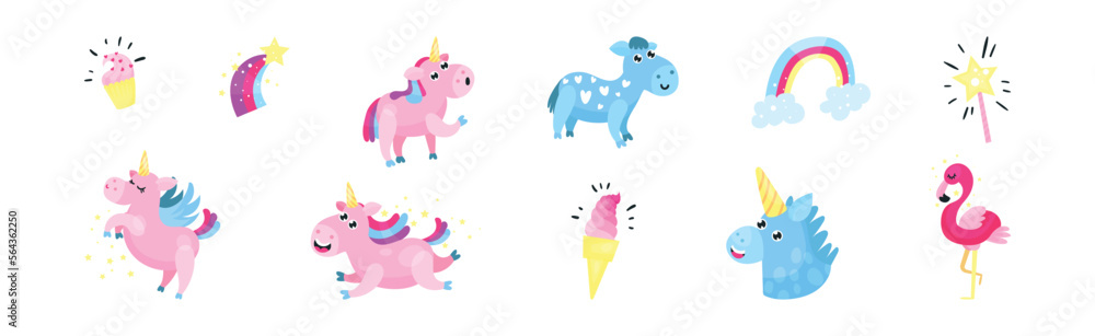 Fairy Unicorn with Rainbow Tail and Twisted Horn Vector Set Fairy Unicorn with Rainbow Tail and Twisted Horn Vector Set
