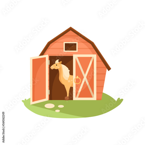 Comic orange horse in stable or barn vector illustration. Cartoon drawing of domestic animal character inside red wooden building isolated on white background. Nature, farming, agriculture concept
