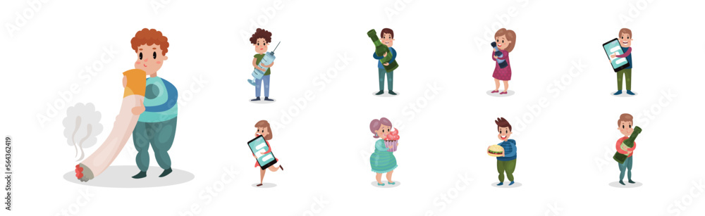 People Characters Having Bad Habits and Harmful Addiction Vector Set People Characters Having Bad Habits and Harmful Addiction Vector Set