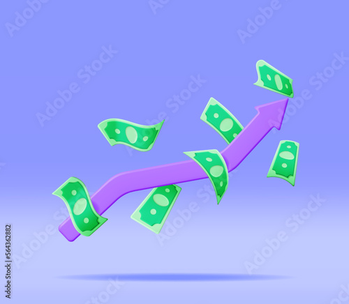 3D Growth Stock Chart Arrow with Dollars. Render Stock Arrow with Money Shows Growth or Success. Financial Item, Business Investment Financial Market Trade. Money and Banking. Vector Illustration