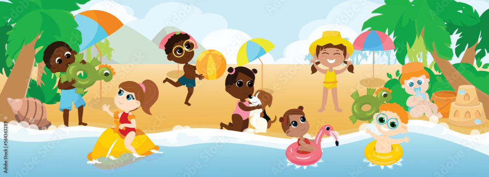 Multicultural group of children playing on the seashore, playing water battle with water pistols, swimming in inflatable circles and on a water scooter, playing with a dog. Multicultural group of children playing on the seashore, playing water battle with water pistols, swimming in inflatable circles and on a water scooter, playing with a dog.