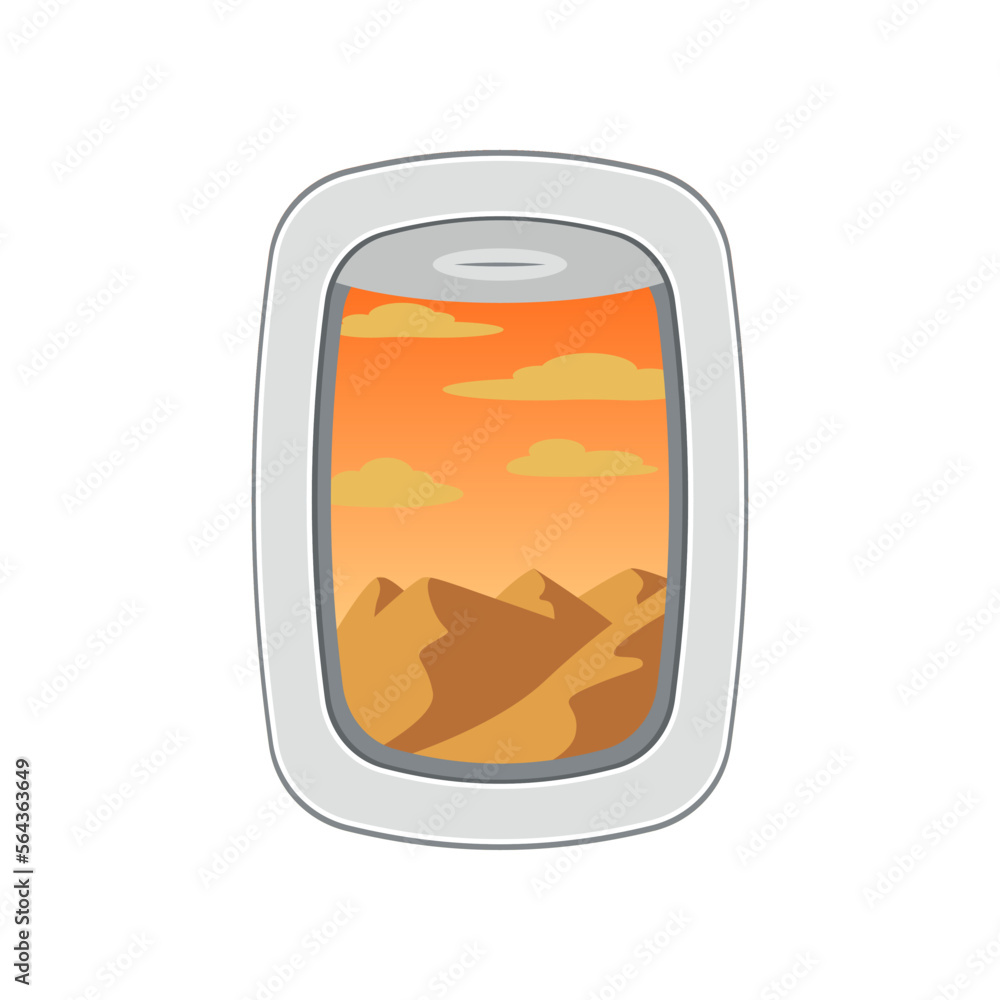 View of desert from plane window vector illustration. Airplane illuminator with picturesque landscape isolated on white background. Tourism, traveling, transportation concept View of desert from plane window vector illustration. Airplane illuminator with picturesque landscape isolated on white background. Tourism, traveling, transportation concept
