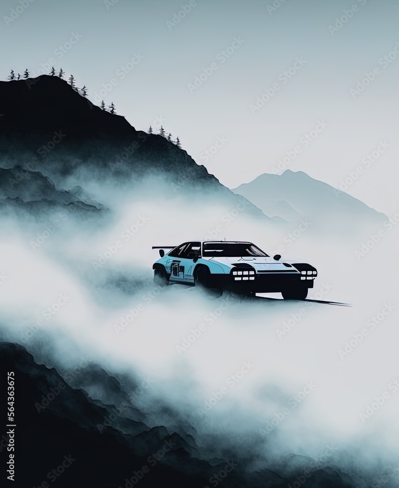 Fototapeta premium Rally car painting over mountain track, powerful minimalism image painting with blue mountains fog with generative ai