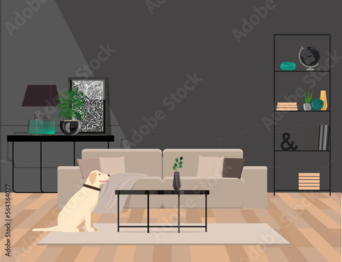 Vector illustration with creative living room interior with modular beige sofa, coffee table and beautiful dog
