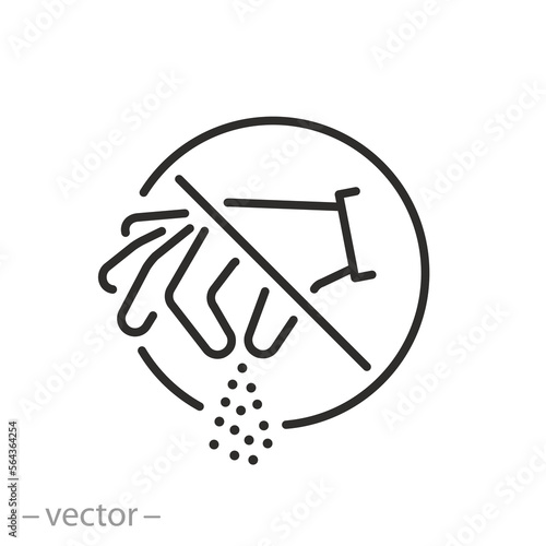 no salt or spice pinch icon, stop hand sprinkle, do not add to food, thin line symbol on white background - editable stroke vector illustration eps10