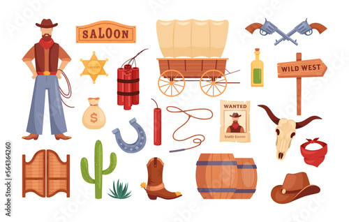 Wild West icons. Vector set of western Texas with cowboy, hat, wooden signboard, cactus, dynamite, gun, wanted poster, sheriff badge, cow skull, tequila, horseshoe. Collection for game, web, stickers