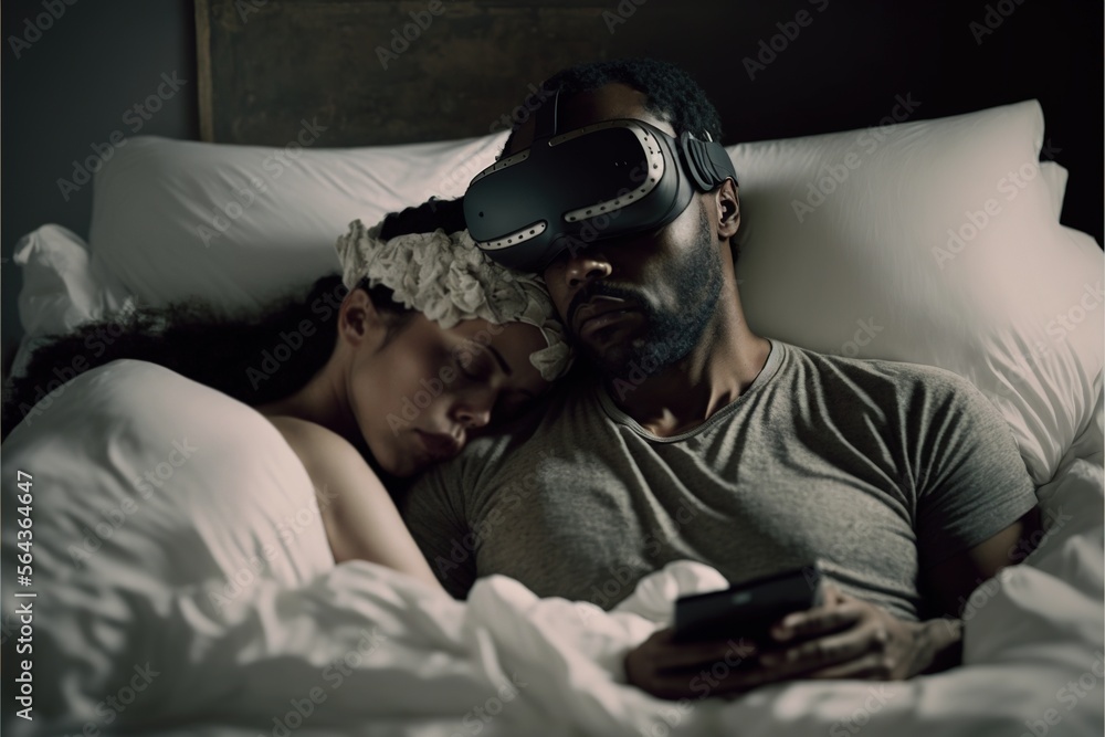 Fototapeta premium Couple in bed with VR headset illustration generative ai