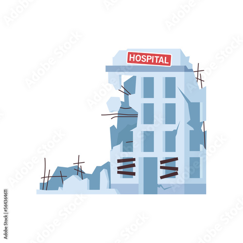 Ruined or abandoned hospital after war or natural disaster. Destroyed city building cartoon illustration. Damage, destruction, earthquake concept