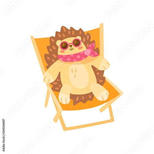 Funny cartoon character hedgehog sunbathing on lounge chair isolated on white background. Cute comic animal relaxing on beach vector illustration. Summer, holiday, wildlife concept