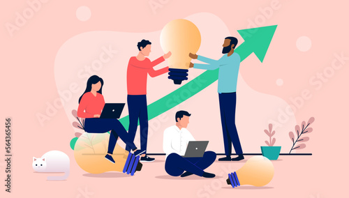 People brainstorm - Team of businesspeople brainstorming and working together on coming up with ideas in office workplace with light bulbs. Flat design vector illustration