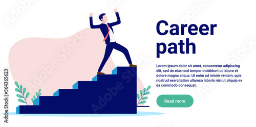 Man career path - Businessman on top of stairs moving upwards with hands in air celebrating success. Flat design vector illustration with white background and copy space for text