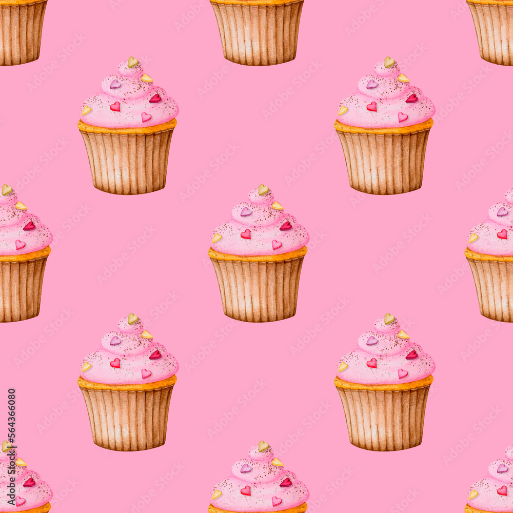 Seamless patern with cupcakes on a pink background. Watercolor design for Valentine's Day, Birthday, Wedding, Anniversary. Ideal for printing on packaging, wrapping, stationery, fabrics, textiles.
Seamless patern with cupcakes on a pink background. Watercolor design for Valentine's Day, Birthday, Wedding, Anniversary. Ideal for printing on packaging, wrapping, stationery, fabrics, textiles.