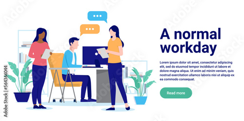 A normal work day in the office - People working and talking together at workplace. Flat design vector illustration with white background and copy space for text