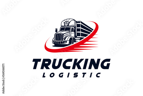 Trucking company logo template design, fast delivery semi trailer truck vector illustration