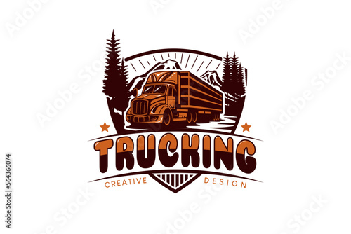 Trucking company logo, semi trailer truck vector illustration with nature background vintage style