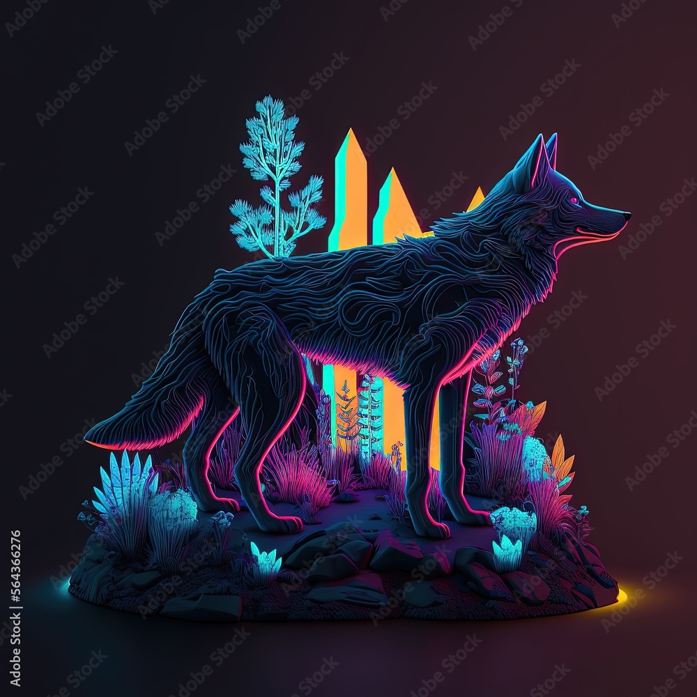 Obraz premium stylized wolf illustration. Diorama. Futuristic neon color Generative ai.