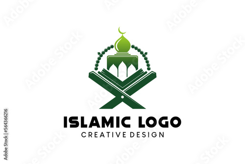 Mosque logo design with quran table for islamic symbol