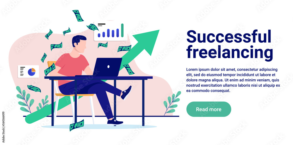 Successful freelancing - Freelancer person sitting at desk making money on profitable online business. Flat design vector illustration with white background and copy space for text