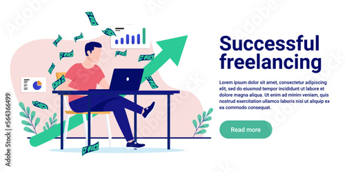 Successful freelancing - Freelancer person sitting at desk making money on profitable online business. Flat design vector illustration with white background and copy space for text