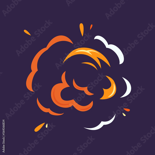 Smoke from bomb explosion cartoon illustration. Explosive effect isolated on dark background. Bang animation, fire, crash concept