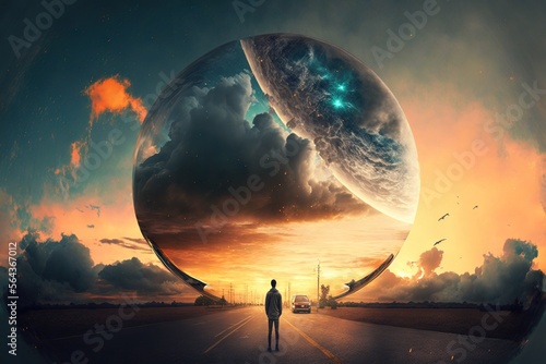 Post-apocalypse war concept Portal in sky illustration generative ai photo