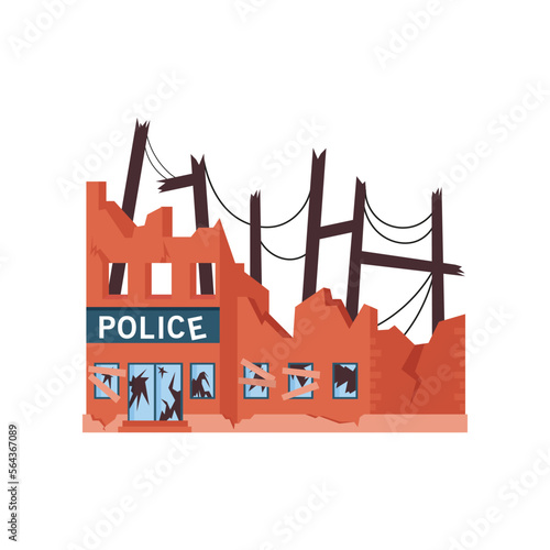 Ruined or abandoned police station after war or natural disaster. Destroyed city building cartoon illustration. Damage, destruction, earthquake concept