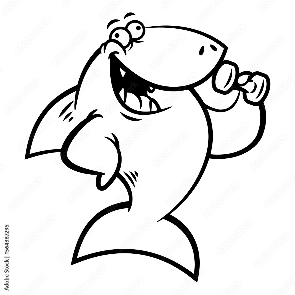 Cartoon illustration of Funny Shark lifting a barbell and show its muscle. Best for outline, logo, and coloring book with fitness themes Cartoon illustration of Funny Shark lifting a barbell and show its muscle. Best for outline, logo, and coloring book with fitness themes