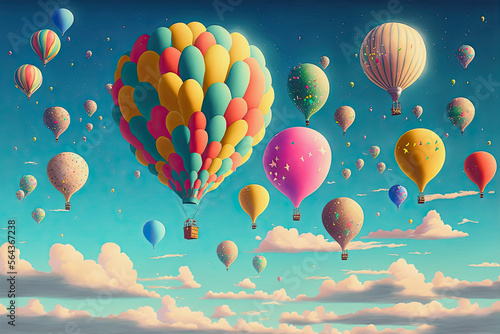 ai midjourney illustration of various colorful hot air balloons in blue cloudy sky