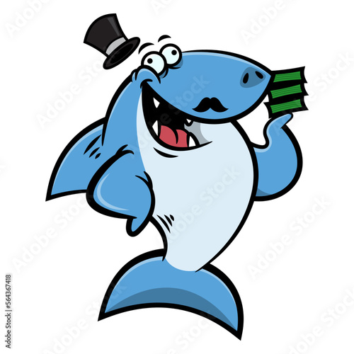 Cartoon illustration of Funny Shark with mustache wearing hat and showing its money. Best for sticker, logo, and mascot with financial themes