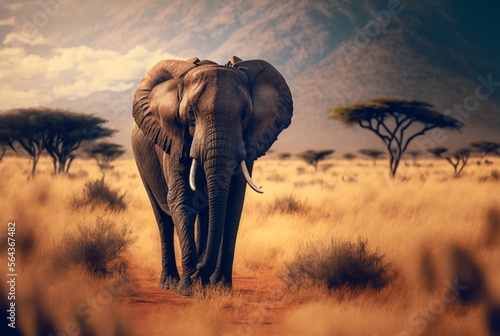 Big elephant in the african savannah, generative AI © AIproduction
