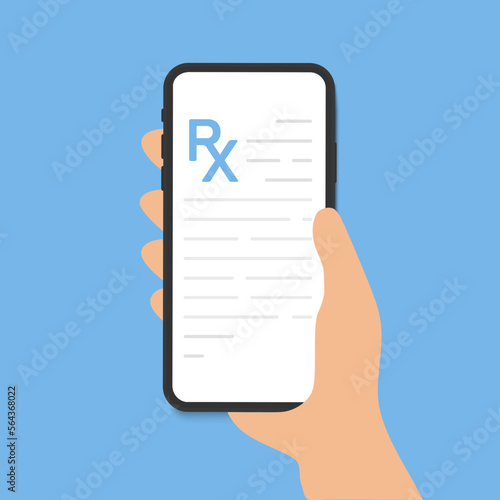 RX form, medical prescription online document. Recipe from doctor to patient in phone. Medicine, pills and healthcare. Medications, pharmacy and treatment. Vector illustration