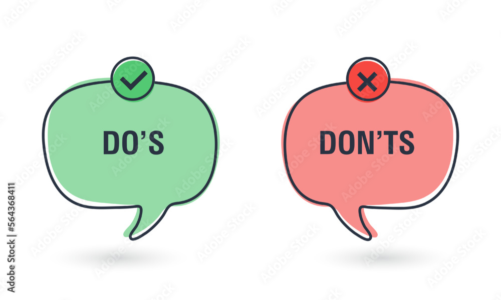 Do and Don't simple icons, vector elements. Check mark and cross in speech bubbles, used to indicate rules of conduct or response versions. Vector illustration