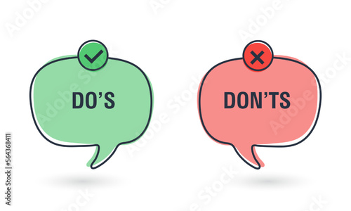 Do and Don't simple icons, vector elements. Check mark and cross in speech bubbles, used to indicate rules of conduct or response versions. Vector illustration
