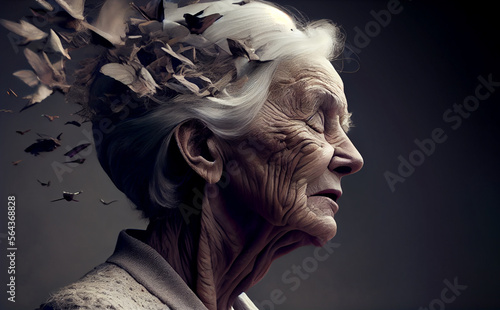 Elderly woman with mental or neurological disease losing memory photo