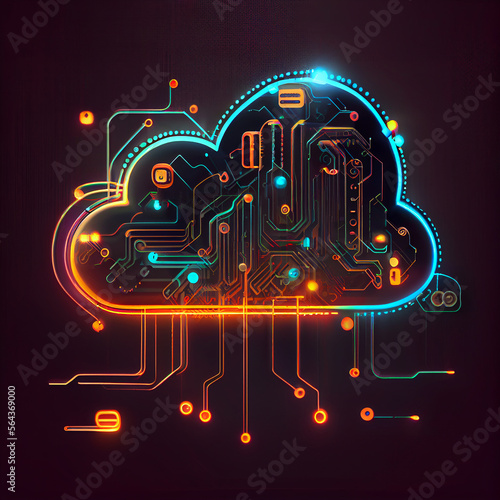 Neon Cloud computing technology concept. Illustration Generative AI