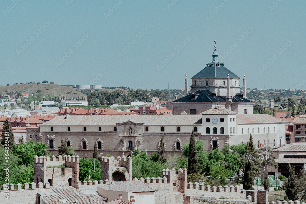 Toledo, España. April 29, 2022: Church of San Ildefonso and panoramic landscape.